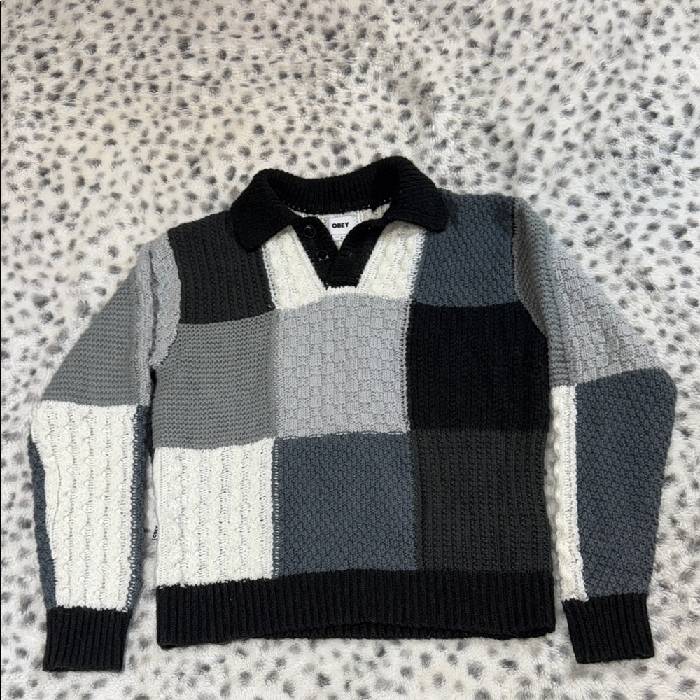 OBEY Men's V-Neck Patchwork Sweater - Black, Gray, White